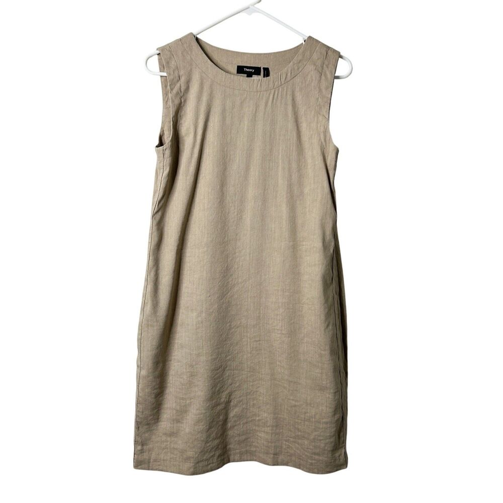 Theory Shift Dress Beige Linen Blend Sleeveless Shift Pocket Minimalist 6